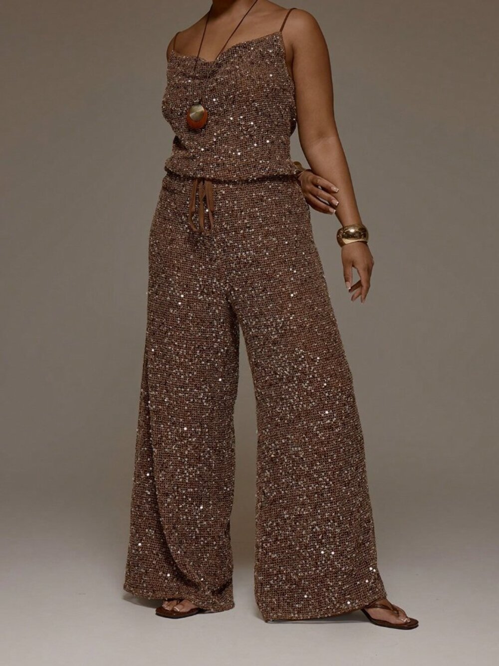 Coffee Brown Party Women's Plus Size Mid Rise Tie Waist Wide Leg Trousers